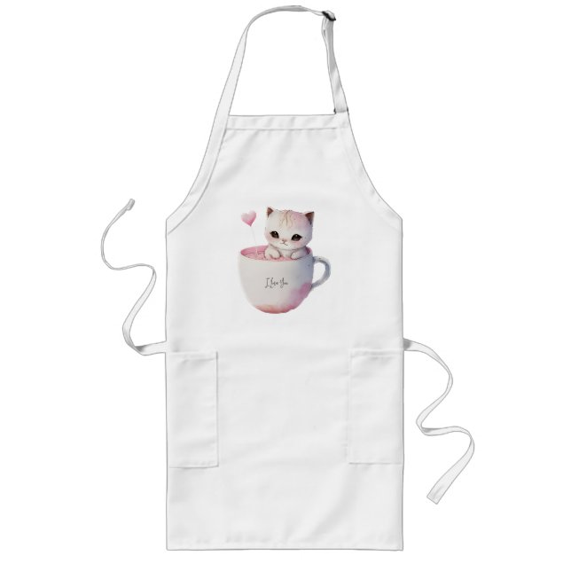Cute White-Pink Cat in a Tea Cup (4) Long Apron (Front)