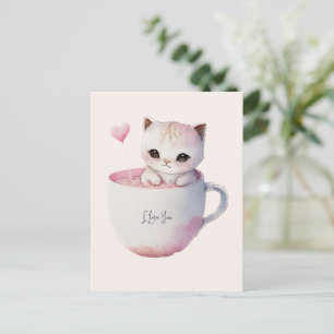 Cute White-Pink Cat in a Tea Cup (4) Postcard