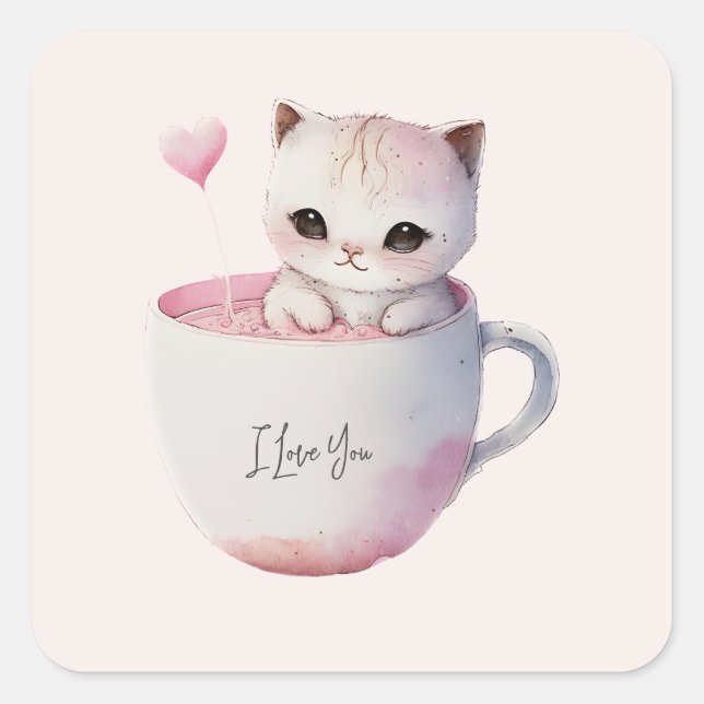 Cute White-Pink Cat in a Tea Cup (4) Square Sticker (Front)