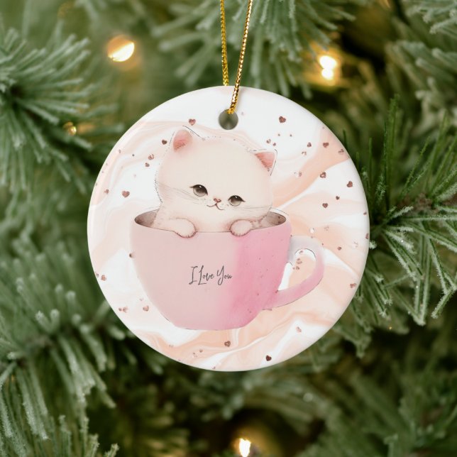Cute White-Pink Cat in a Tea Cup Ceramic Ornament (Tree)