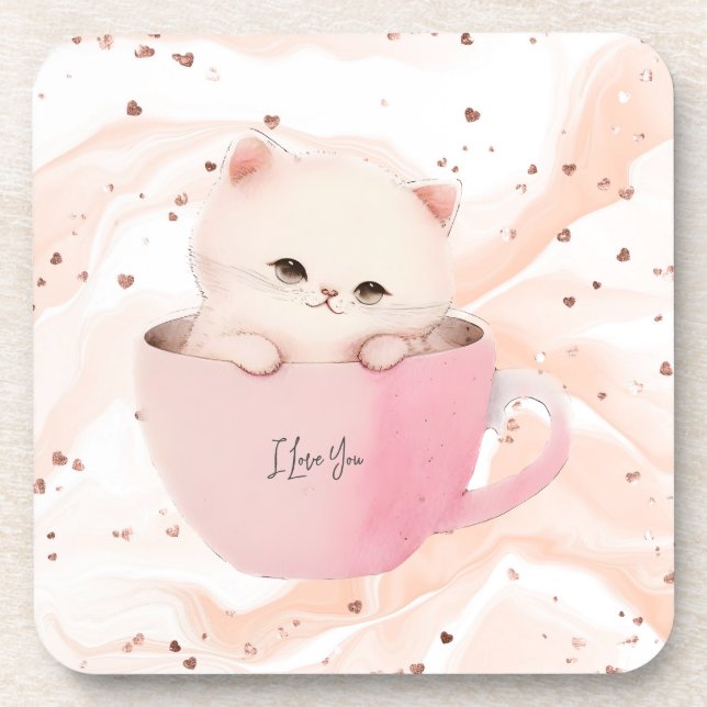 Cute White-Pink Cat in a Tea Cup Coaster (Front)