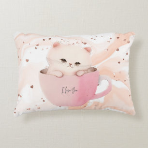 Cute White-Pink Cat in a Tea Cup Decorative Cushion