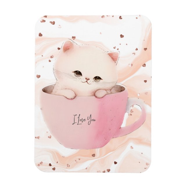 Cute White-Pink Cat in a Tea Cup Magnet (Vertical)