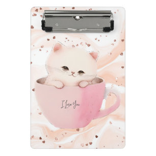 Cute White-Pink Cat in a Tea Cup Mini Clipboard