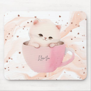 Cute White-Pink Cat in a Tea Cup Mouse Pad