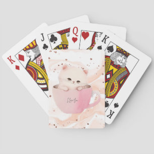 Cute White-Pink Cat in a Tea Cup Playing Cards