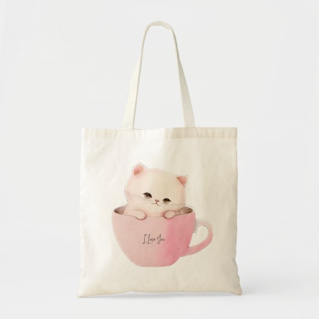 Cute White-Pink Cat in a Tea Cup Tote Bag (Front)