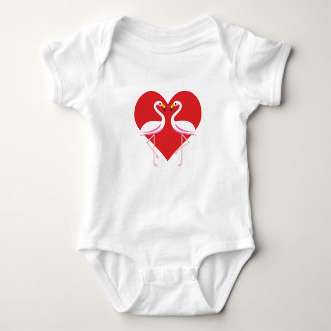 Cute White Pink Flamingos with Red Heart Baby Bodysuit (Front)