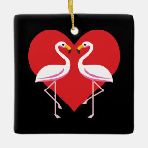 Cute White Pink Flamingos with Red Heart Ceramic Ornament
