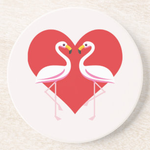 Cute White Pink Flamingos with Red Heart Coaster