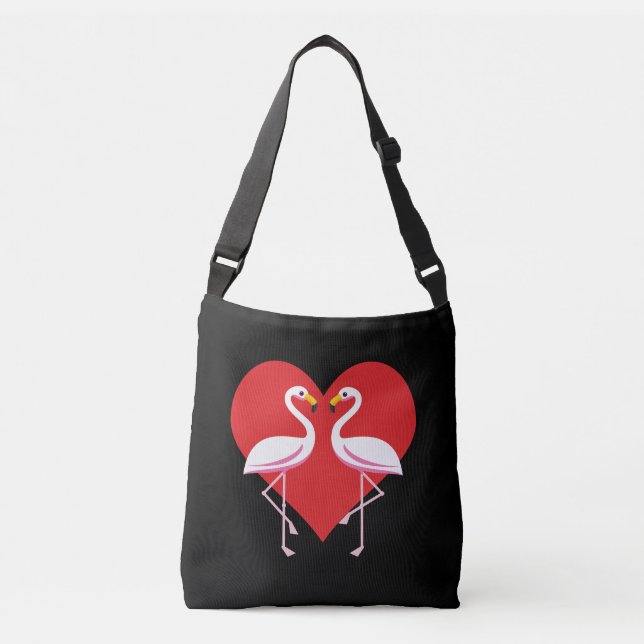 Cute White Pink Flamingos with Red Heart Crossbody Bag (Front)