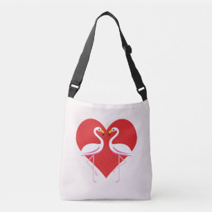 Cute White Pink Flamingos with Red Heart Crossbody Bag