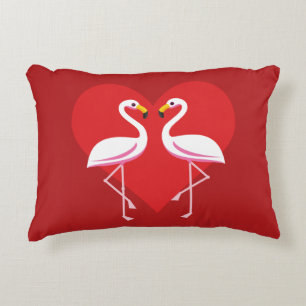 Cute White Pink Flamingos with Red Heart Decorative Cushion