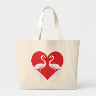 Cute White Pink Flamingos with Red Heart Large Tote Bag