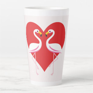Cute White Pink Flamingos with Red Heart Latte Mug