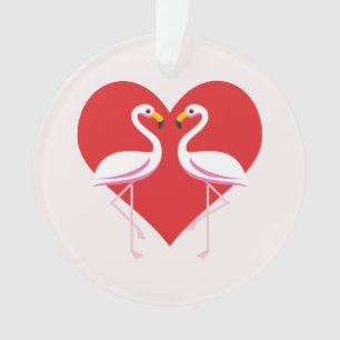 Cute White Pink Flamingos with Red Heart Ornament