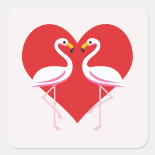 Cute White Pink Flamingos with Red Heart Square Sticker