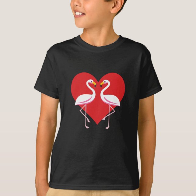 Cute White Pink Flamingos with Red Heart T-Shirt (Front)
