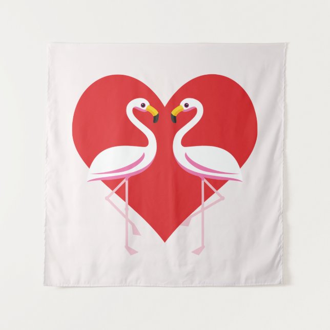 Cute White Pink Flamingos with Red Heart Tapestry (Front)