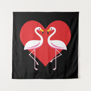 Cute White Pink Flamingos with Red Heart Tapestry