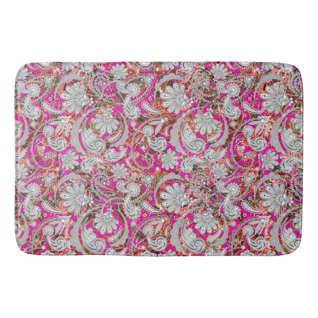 Cute white pink paisley patterns bath mat (Front)
