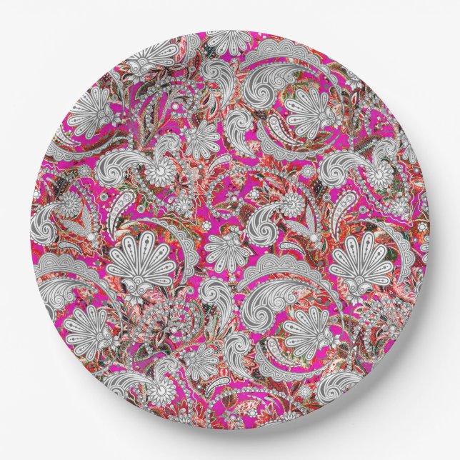 Cute white pink paisley patterns paper plate (Front)