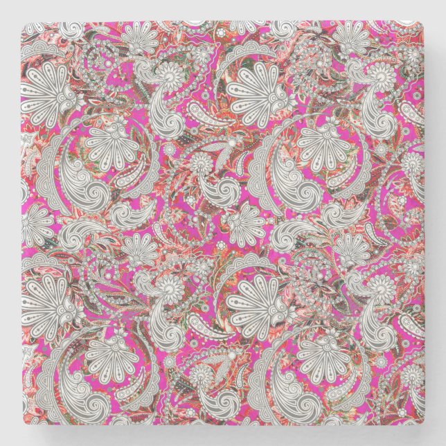 Cute white pink paisley patterns stone coaster (Front)
