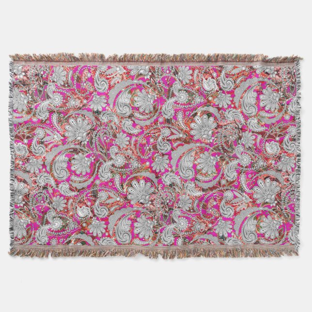 Cute white pink paisley patterns throw blanket (Front)