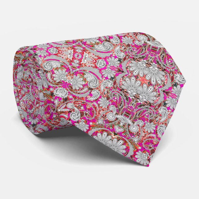 Cute white pink paisley patterns tie (Rolled)