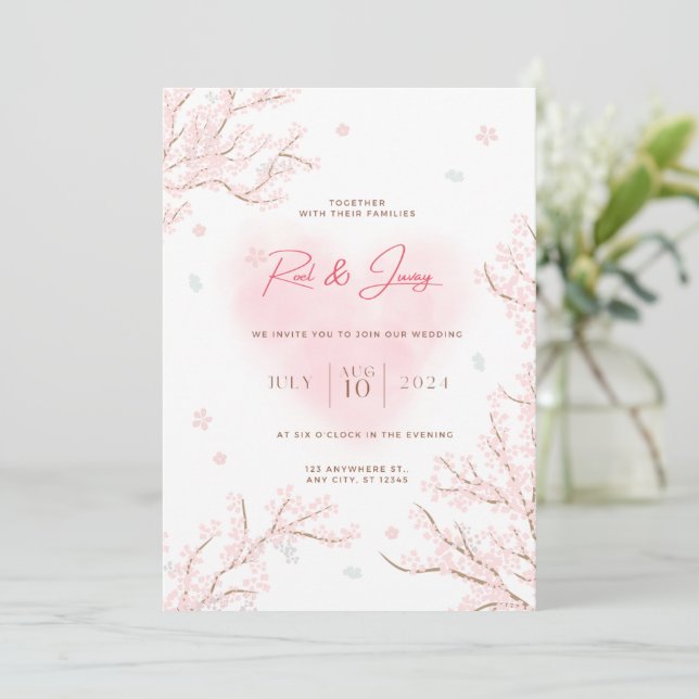 Cute White Pink with Sakura Branches Wedding  Invitation (Standing Front)