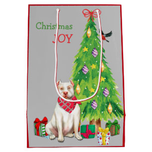 Cute White Pit Bull and Christmas Tree Medium Gift Bag
