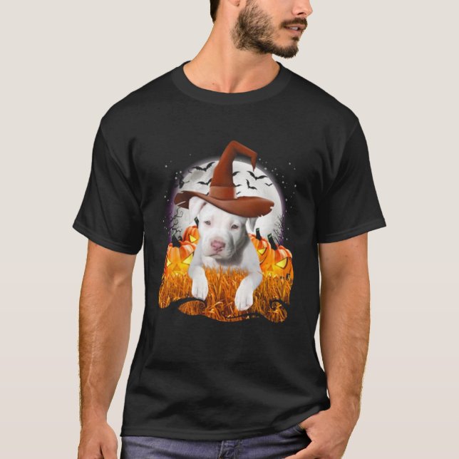 Cute White Pit Bull dog witch on Halloween pumpkin T-Shirt (Front)