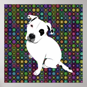 Cute White Pitbull Puppy on Circle Pattern Poster