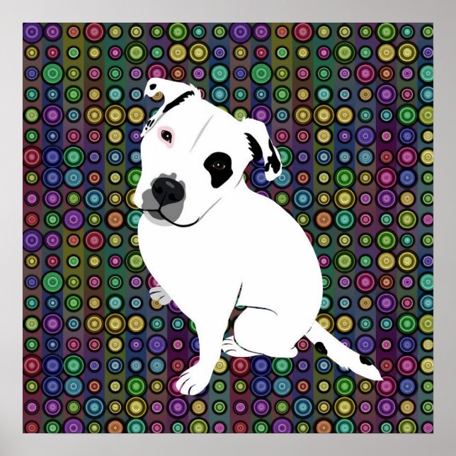 Cute White Pitbull Puppy on Circle Pattern Poster (Front)