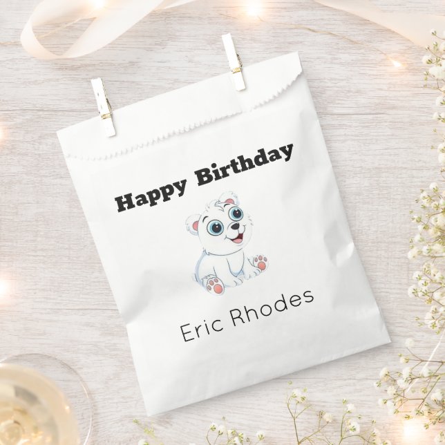 Cute white polar bear on grey birthday favour bag (Clipped)