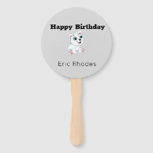 Cute white polar bear on grey birthday hand fan