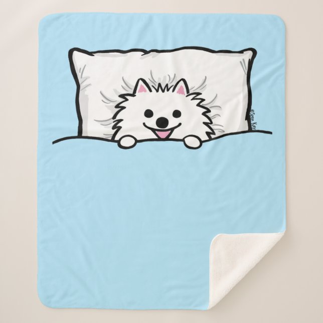 Cute White Pomeranian Dog Tucked in Bed Sherpa Blanket (Front)