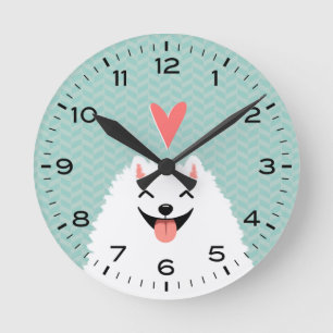 Cute White Pomeranian Dog with Heart Round Clock