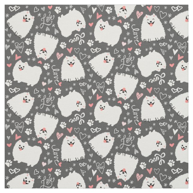 Cute White Pomeranian Dogs Pattern with Hearts Fabric (Swatch)