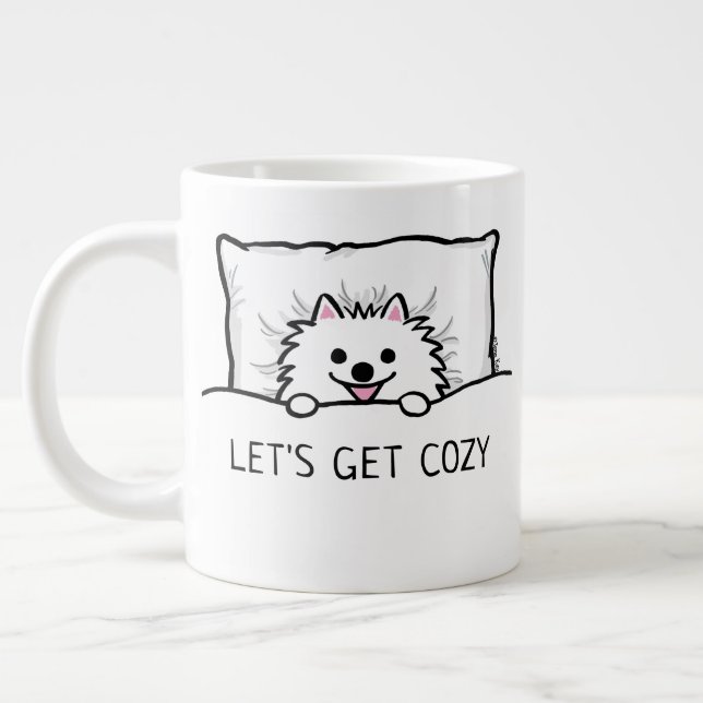 Cute White Pomeranian Let's Get Cosy Large Coffee Mug (Left)