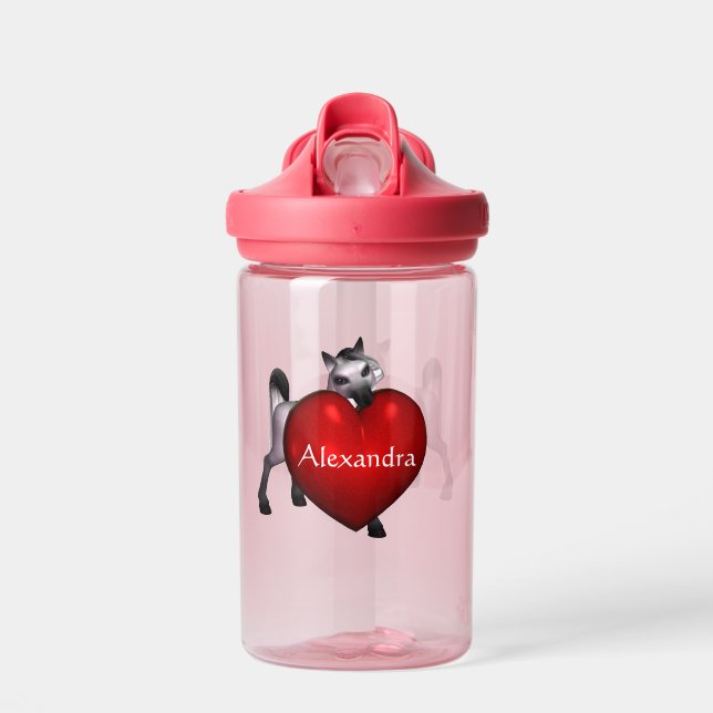 Cute White Pony with Red Heart Kids Water Bottle (Front)