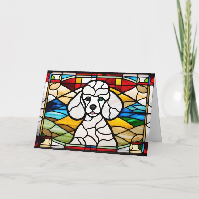 Cute White Poodle Stained Glass Card (Front)