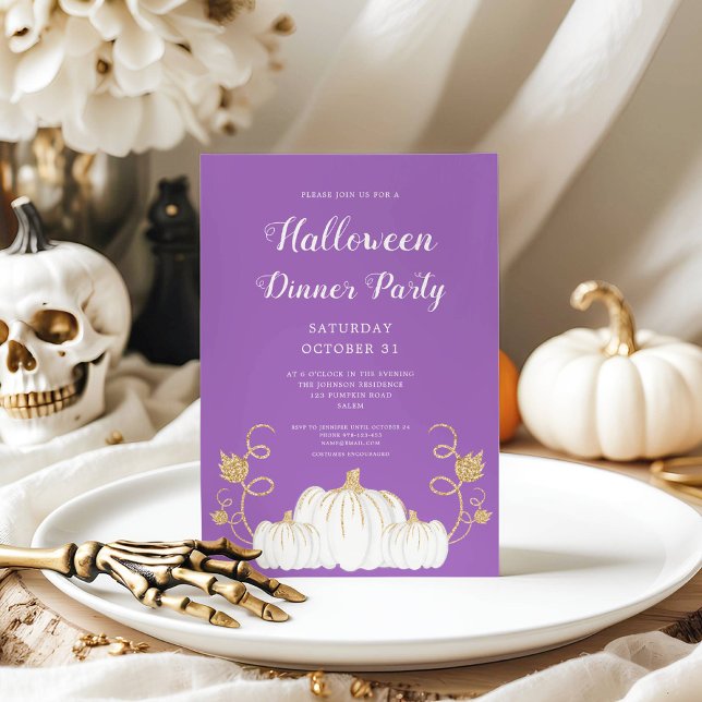 Cute White Pumpkin Purple Halloween Dinner Party Invitation (Cute Purple Pumpkin Halloween Dinner Party Invitation)