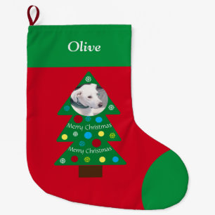 Cute White Puppy Dog Bright Tree Red Large Christmas Stocking