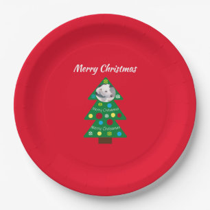 Cute White Puppy Dog Colourful Christmas Tree Red Paper Plate