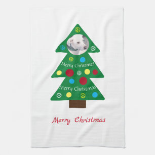 Cute White Puppy Dog Colourful Christmas Tree Xmas Tea Towel