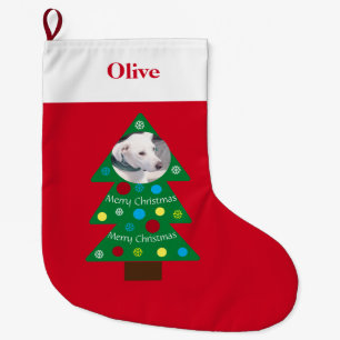 Cute White Puppy Dog Colourful Decorated Tree Red Large Christmas Stocking