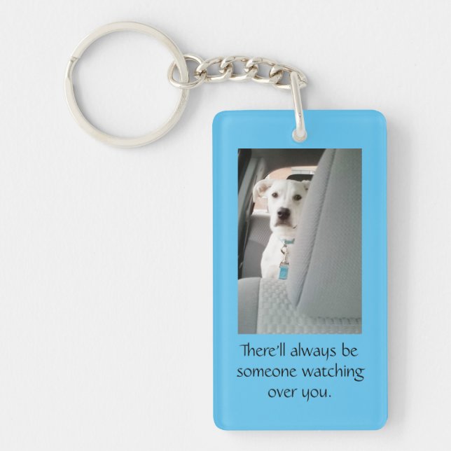 Cute White Puppy Dog Watching Over You Christmas Key Ring (Front)