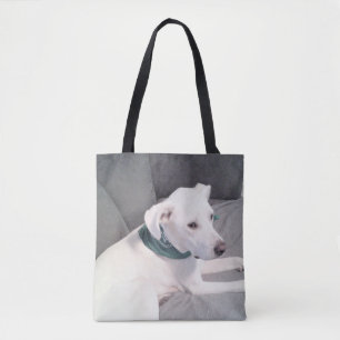 Cute White Puppy Dog Wearing Green Scarf Grey Tote Bag