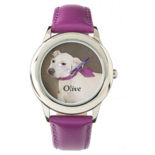Cute White Puppy Dog Wearing Purple Scarf Girly Watch